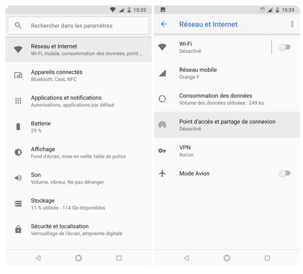Paramètre Android pour accéder au partage de connexion